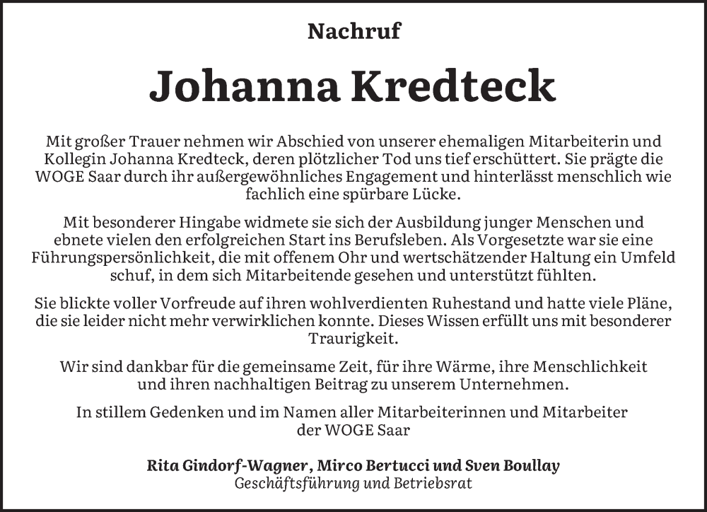  Traueranzeige für Johanna Kredteck vom 13.12.2025 aus saarbruecker_zeitung