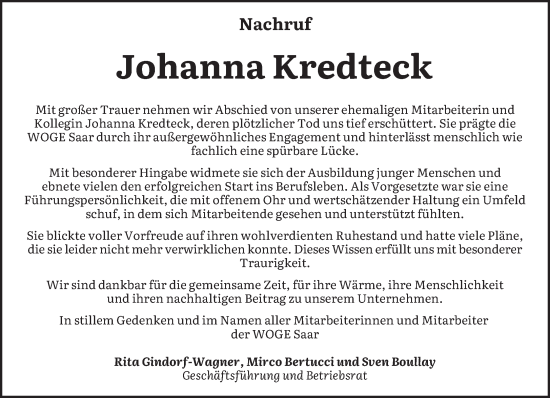 Traueranzeige von Johanna Kredteck von saarbruecker_zeitung