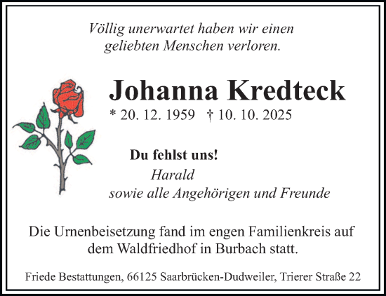 Traueranzeige von Johanna Kredteck von saarbruecker_zeitung