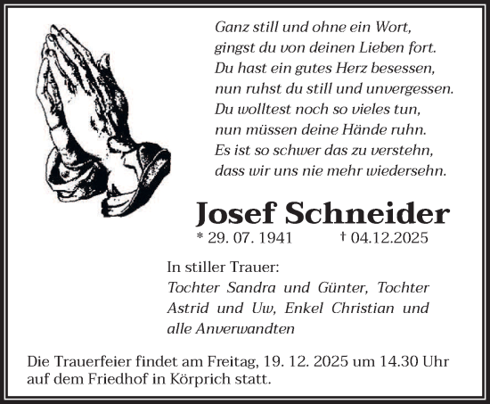 Traueranzeige von Josef Schneider von saarbruecker_zeitung