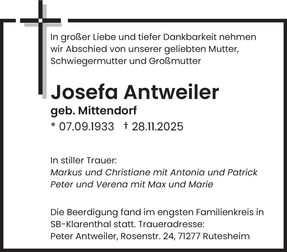  Traueranzeige für Josefa Antweiler vom 20.12.2025 aus saarbruecker_zeitung