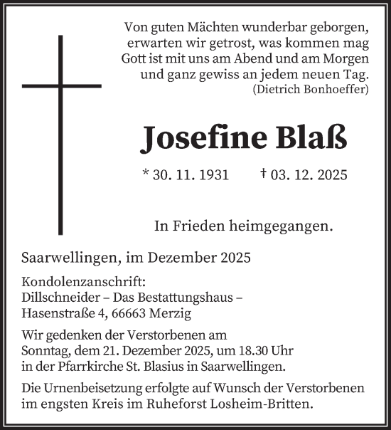 Traueranzeige von Josefine Blaß von saarbruecker_zeitung