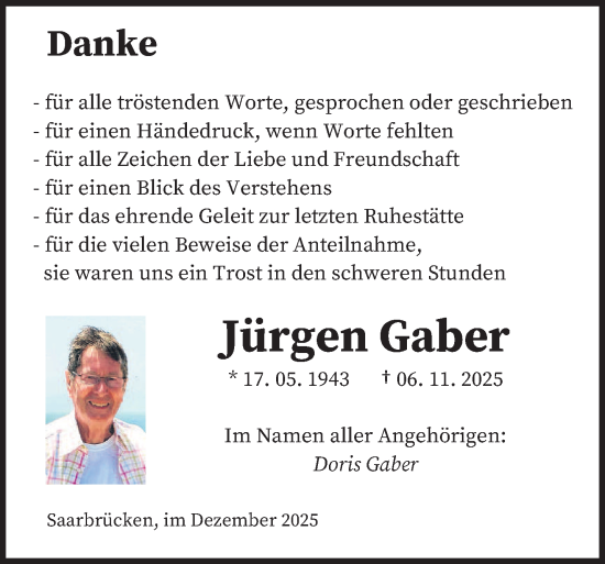 Traueranzeige von Jürgen Gaber von saarbruecker_zeitung