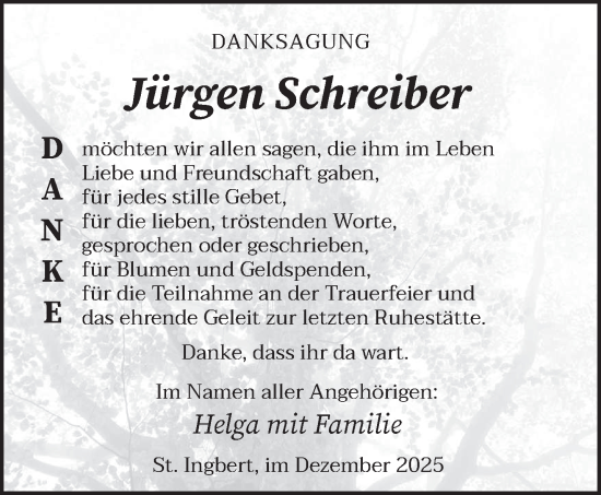 Traueranzeige von Jürgen Schreiber von saarbruecker_zeitung