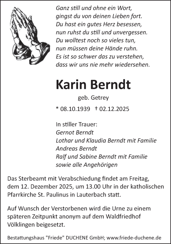Traueranzeige von Karin Berndt von saarbruecker_zeitung