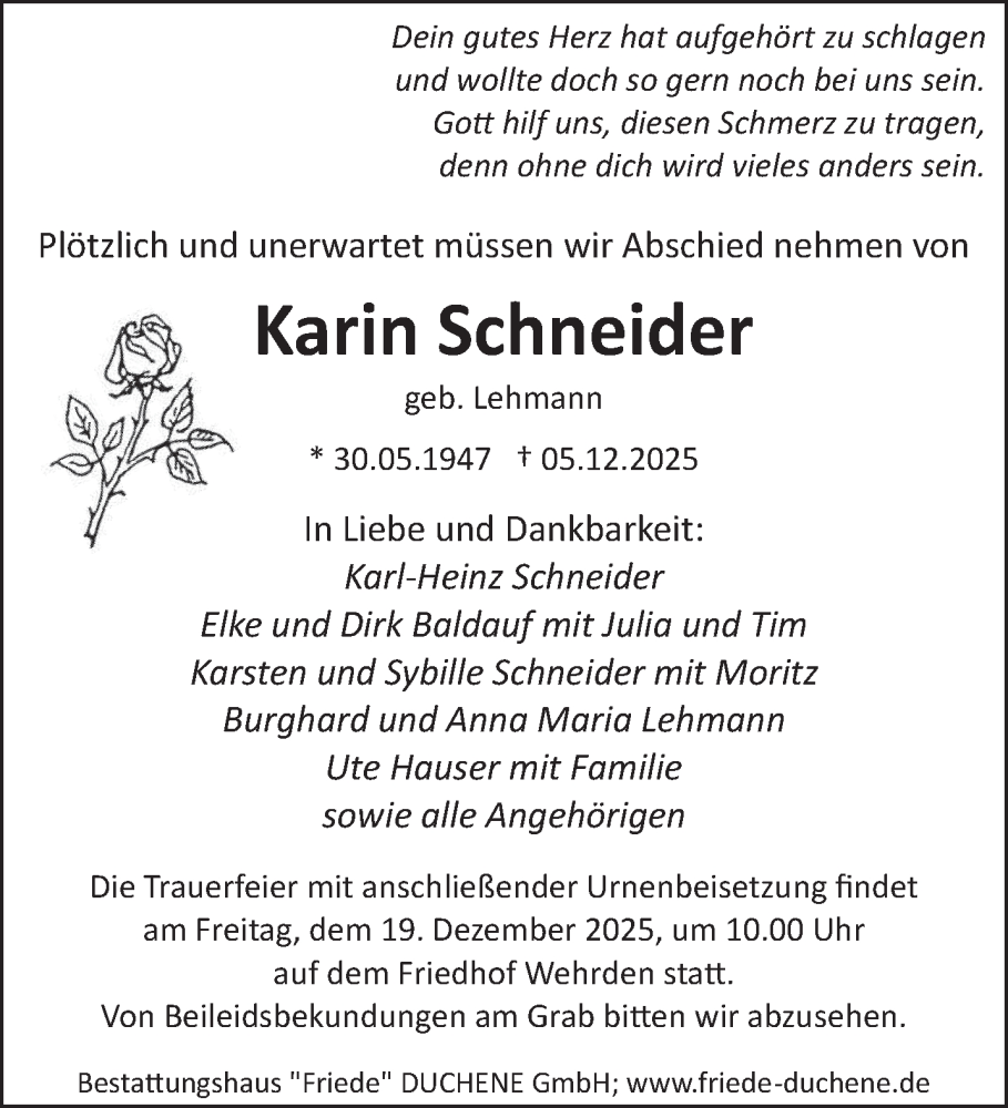 Traueranzeige für Karin Schneider vom 13.12.2025 aus saarbruecker_zeitung