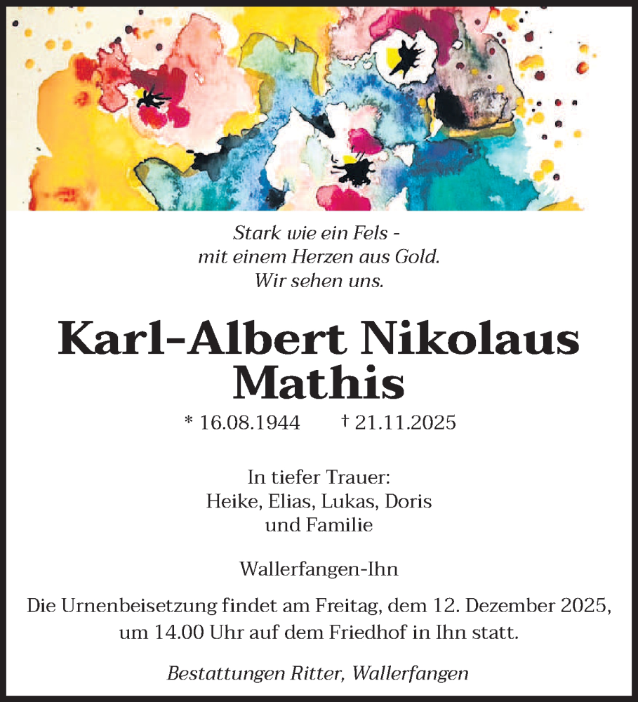  Traueranzeige für Karl-Albert Nikolaus Mathis vom 06.12.2025 aus saarbruecker_zeitung