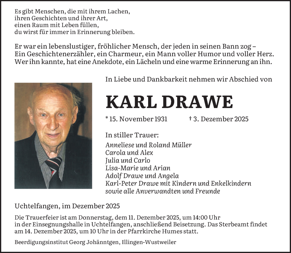  Traueranzeige für Karl Drawe vom 06.12.2025 aus saarbruecker_zeitung