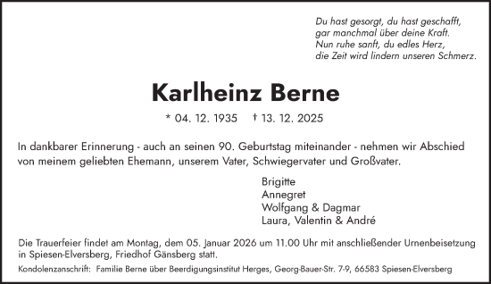 Traueranzeige von Karlheinz Berne von saarbruecker_zeitung