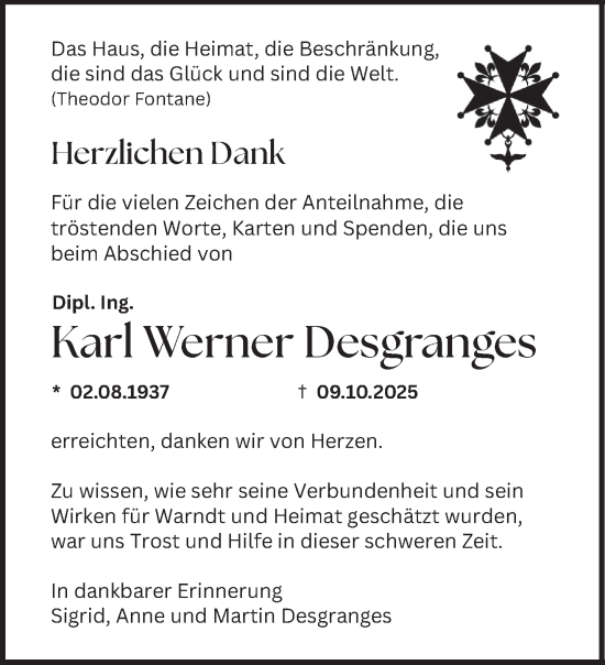 Traueranzeige von Karl Werner Desgranges von saarbruecker_zeitung