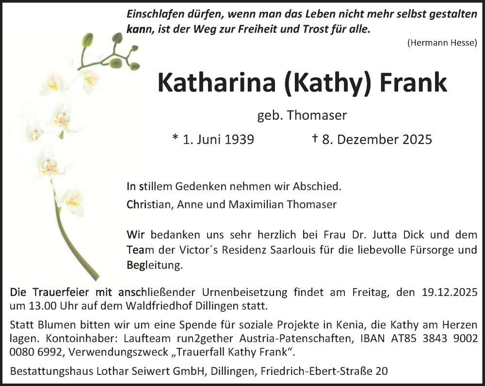  Traueranzeige für Katharina Frank vom 13.12.2025 aus saarbruecker_zeitung