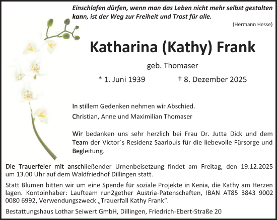Traueranzeige von Katharina Frank von saarbruecker_zeitung