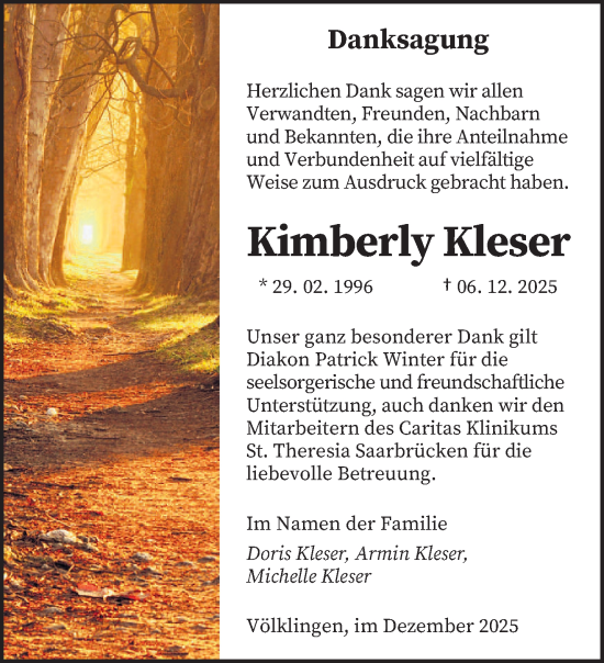 Traueranzeige von Kimberly Kleser von saarbruecker_zeitung