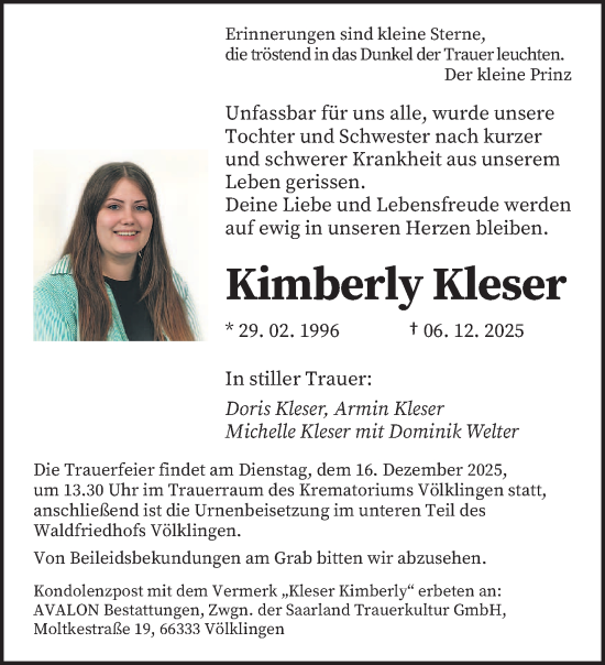 Traueranzeige von Kimberly Kleser von saarbruecker_zeitung