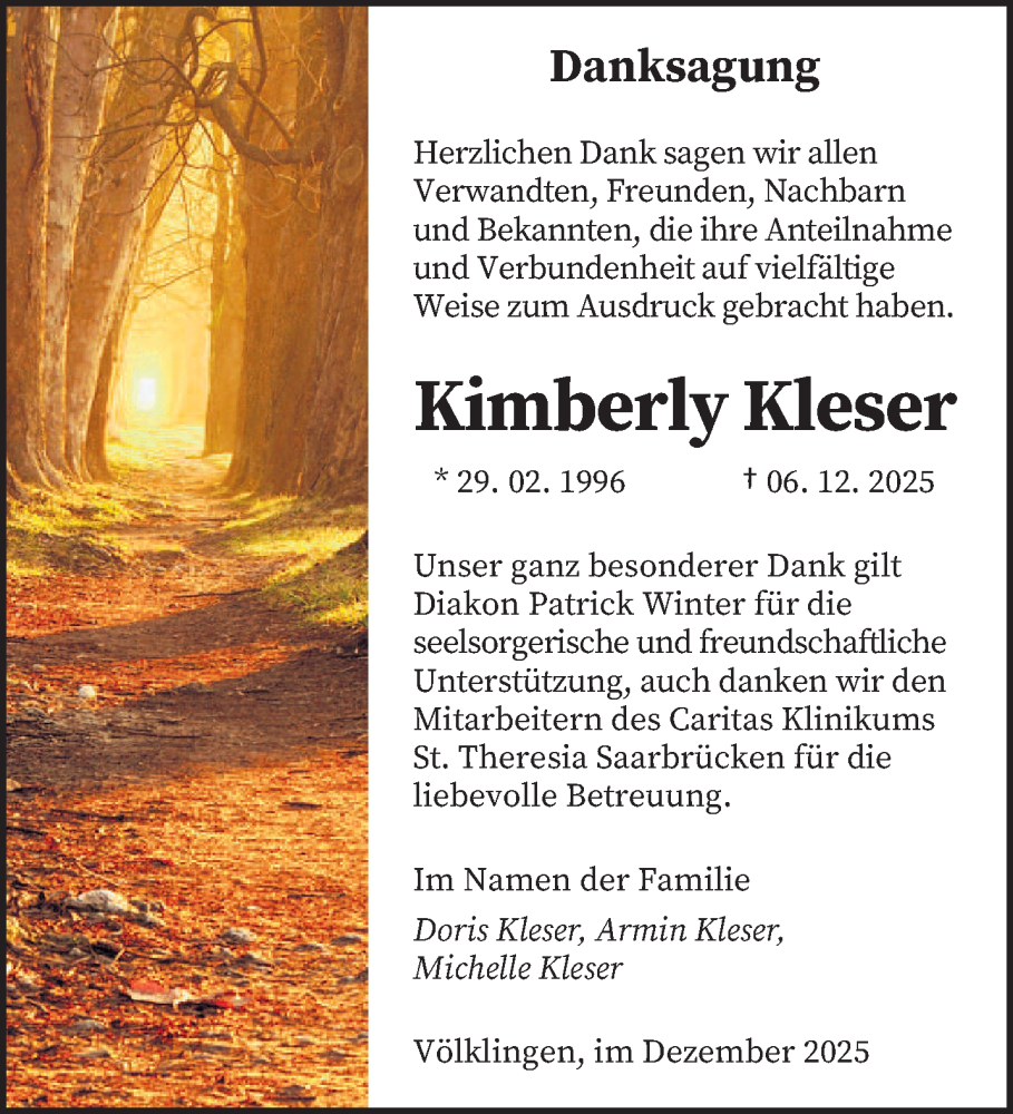  Traueranzeige für Kimberly Kleser vom 27.12.2025 aus saarbruecker_zeitung