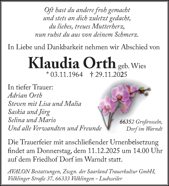 Traueranzeige von Klaudia Orth von saarbruecker_zeitung