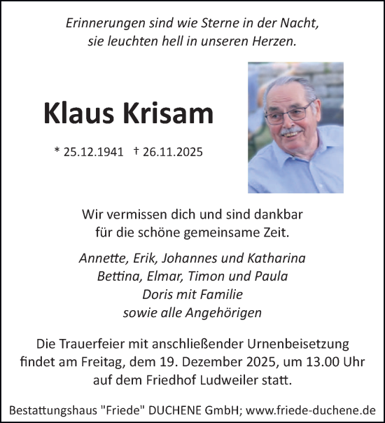 Traueranzeige von Klaus Krisam von saarbruecker_zeitung