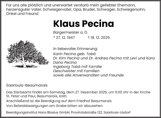 Traueranzeige von Klaus Pecina von saarbruecker_zeitung