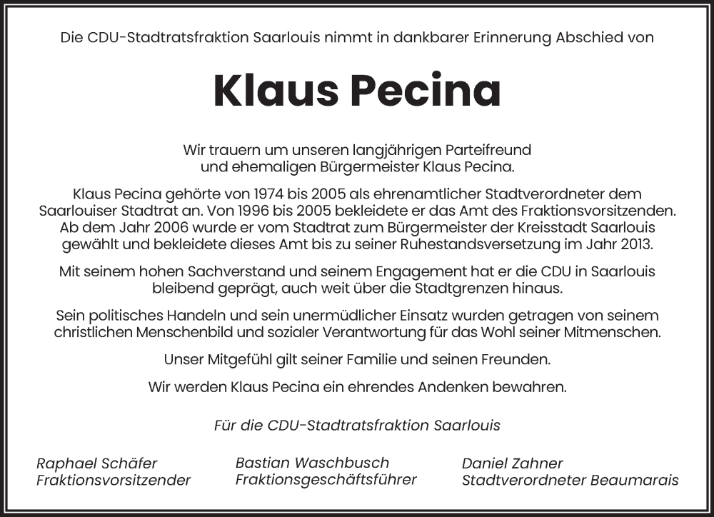  Traueranzeige für Klaus Pecina vom 24.12.2025 aus saarbruecker_zeitung