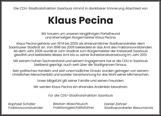 Traueranzeige von Klaus Pecina von saarbruecker_zeitung