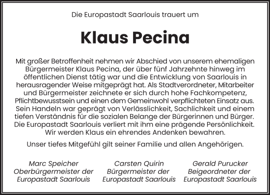 Traueranzeige von Klaus Pecina von saarbruecker_zeitung