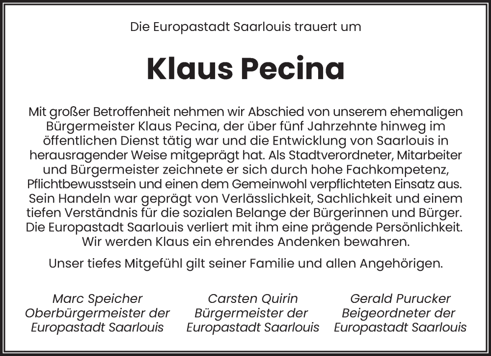  Traueranzeige für Klaus Pecina vom 24.12.2025 aus saarbruecker_zeitung