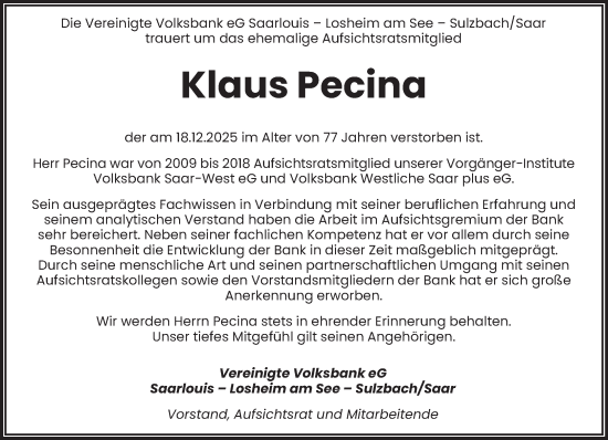 Traueranzeige von Klaus Pecina von saarbruecker_zeitung