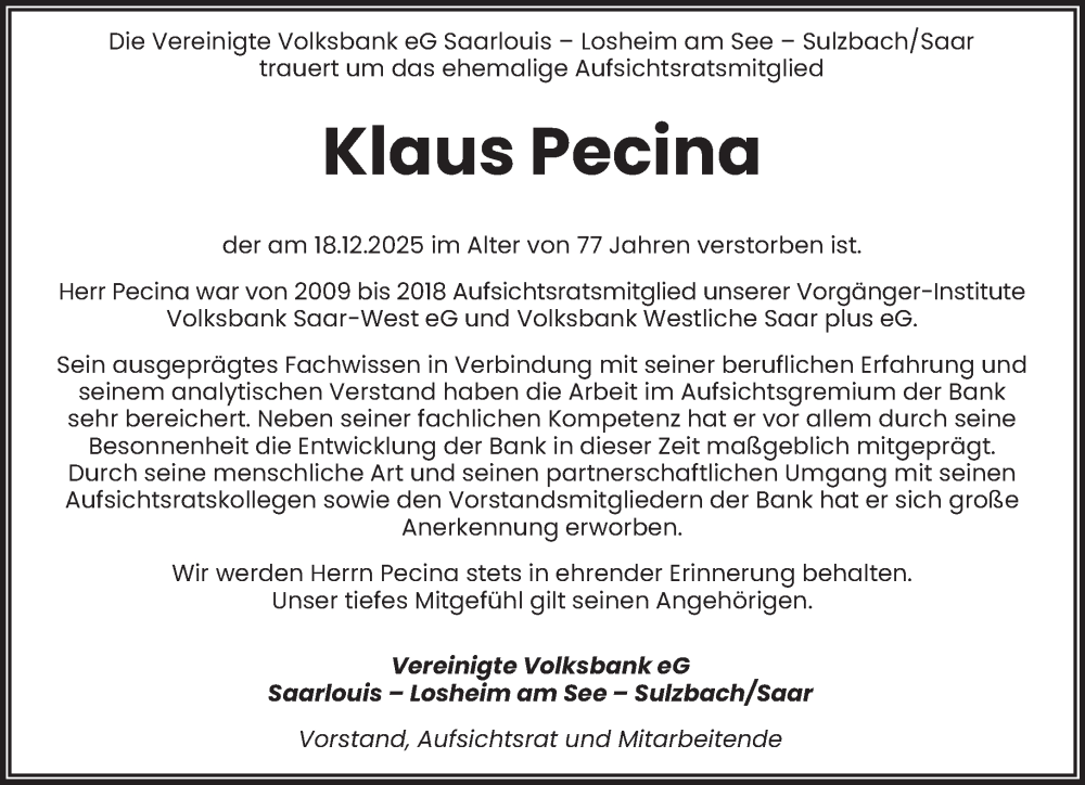 Traueranzeige für Klaus Pecina vom 24.12.2025 aus saarbruecker_zeitung