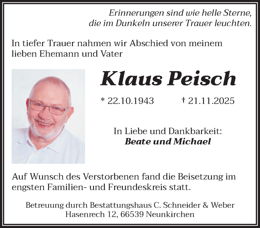  Traueranzeige für Klaus Peisch vom 13.12.2025 aus saarbruecker_zeitung