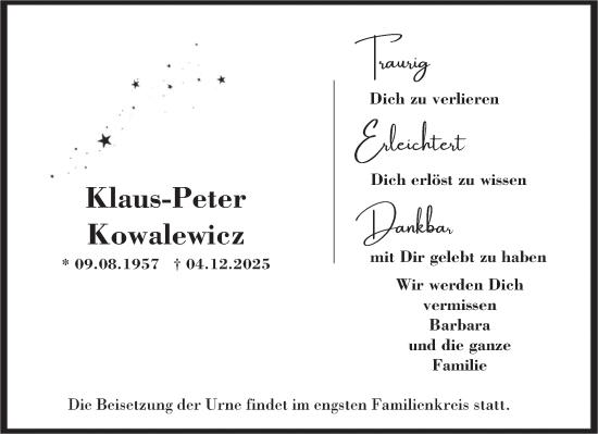 Traueranzeige von Klaus-Peter Kowalewicz von saarbruecker_zeitung