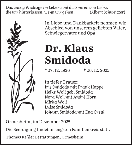 Traueranzeige von Klaus Smidoda von saarbruecker_zeitung