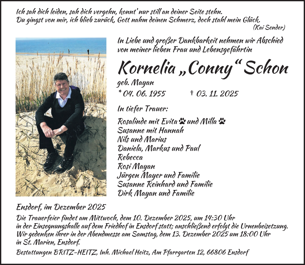  Traueranzeige für Kornelia Schon vom 06.12.2025 aus saarbruecker_zeitung