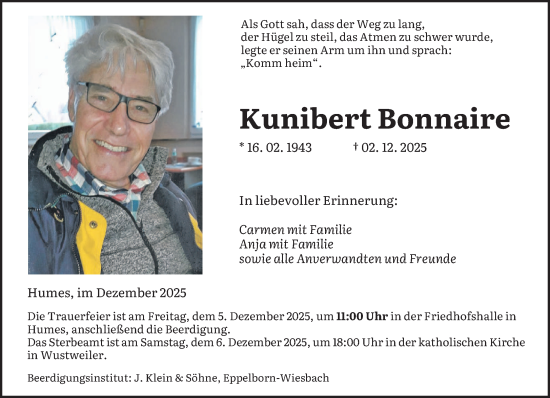 Traueranzeige von Kunibert Bonnaire von saarbruecker_zeitung