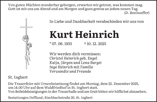 Traueranzeige von Kurt Heinrich von saarbruecker_zeitung