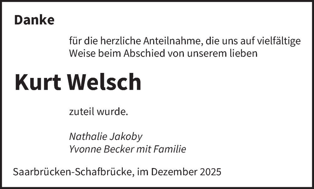  Traueranzeige für Kurt Welsch vom 20.12.2025 aus saarbruecker_zeitung