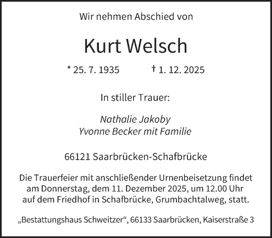 Traueranzeige von Kurt Welsch von saarbruecker_zeitung