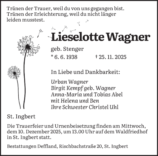 Traueranzeige von Lieselotte Wagner von saarbruecker_zeitung