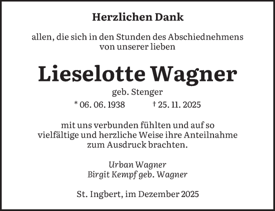 Traueranzeige von Lieselotte Wagner von saarbruecker_zeitung