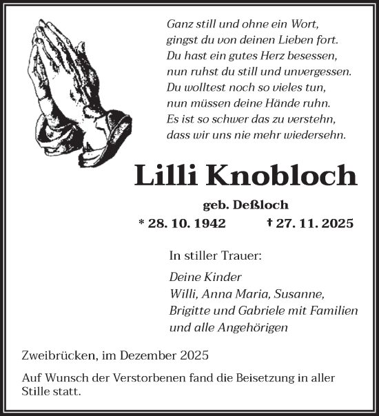 Traueranzeige von Lilli Knobloch von saarbruecker_zeitung