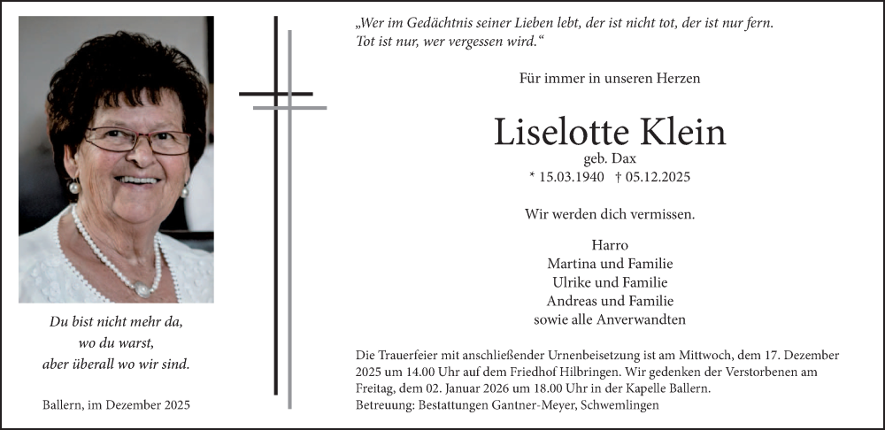 Traueranzeige für Liselotte Klein vom 10.12.2025 aus saarbruecker_zeitung