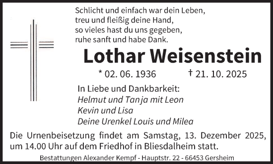 Traueranzeige von Lothar Weisenstein von saarbruecker_zeitung