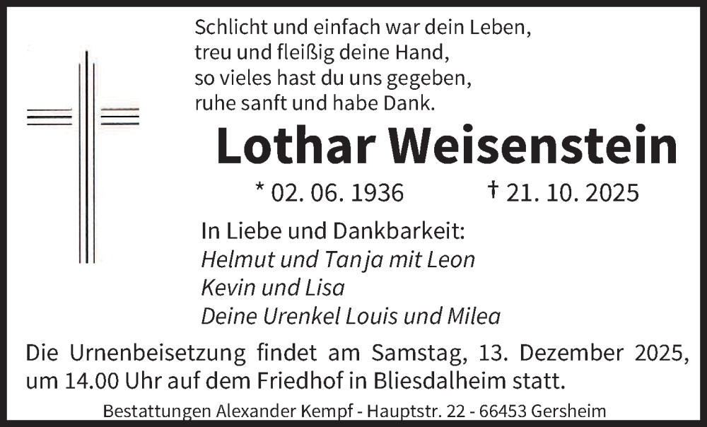  Traueranzeige für Lothar Weisenstein vom 10.12.2025 aus saarbruecker_zeitung