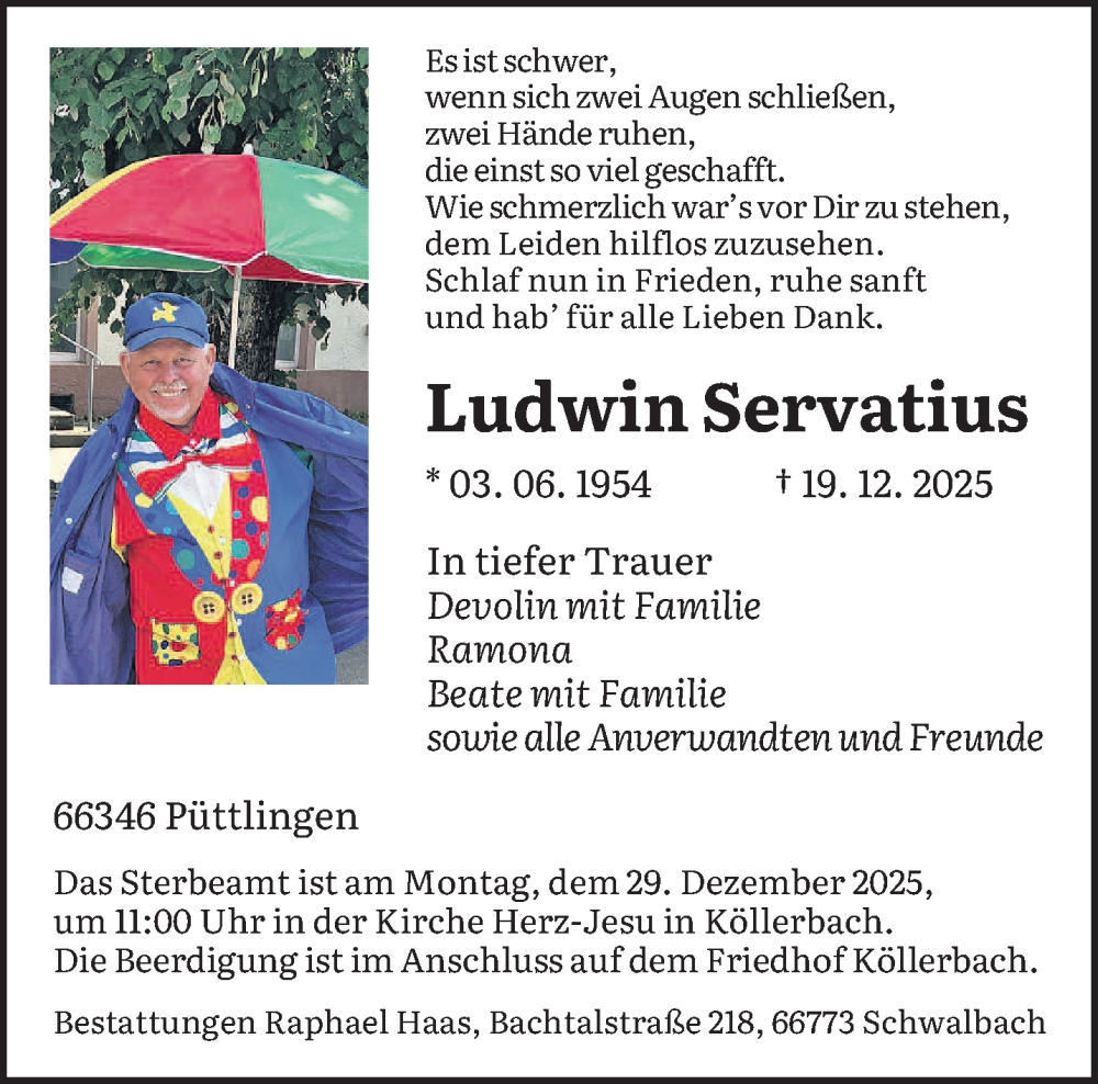  Traueranzeige für Ludwin Servatius vom 24.12.2025 aus saarbruecker_zeitung