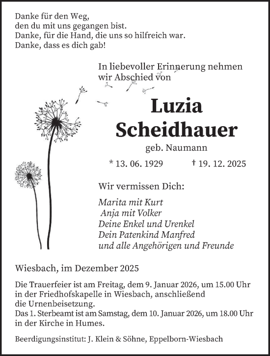 Traueranzeige von Luzia Scheidhauer von saarbruecker_zeitung