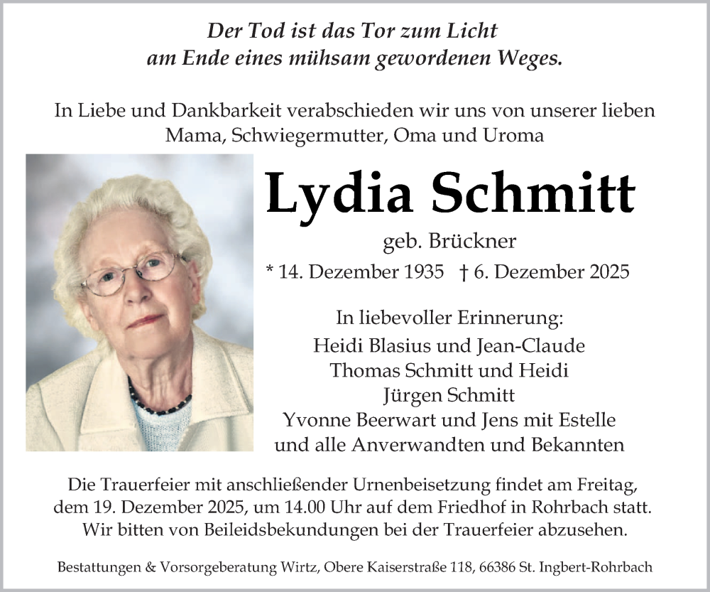  Traueranzeige für Lydia Schmitt vom 13.12.2025 aus saarbruecker_zeitung