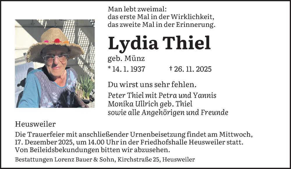  Traueranzeige für Lydia Thiel vom 06.12.2025 aus saarbruecker_zeitung