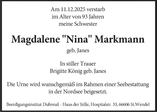 Traueranzeige von Magdalene Nina Markmann von saarbruecker_zeitung