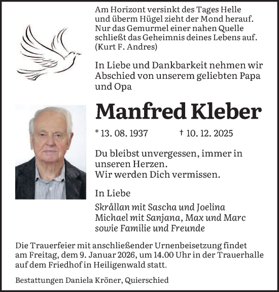 Traueranzeige von Manfred Kleber von saarbruecker_zeitung