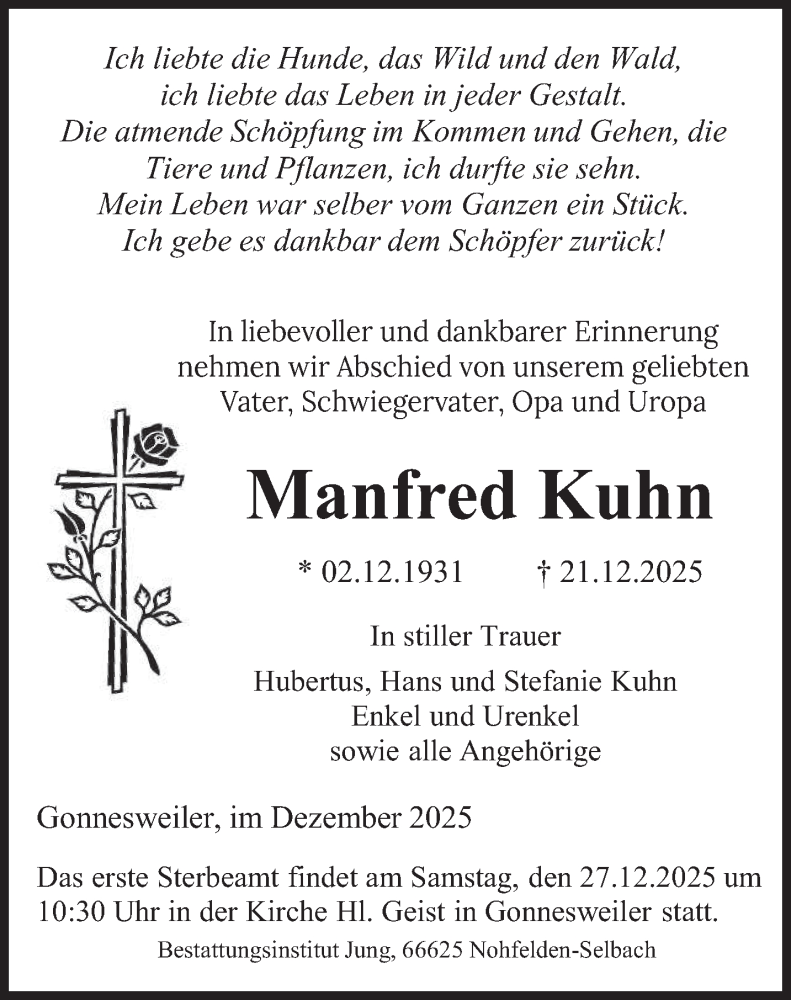  Traueranzeige für Manfred Kuhn vom 24.12.2025 aus saarbruecker_zeitung