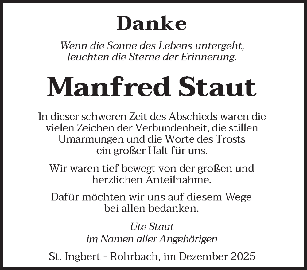  Traueranzeige für Manfred Staut vom 20.12.2025 aus saarbruecker_zeitung